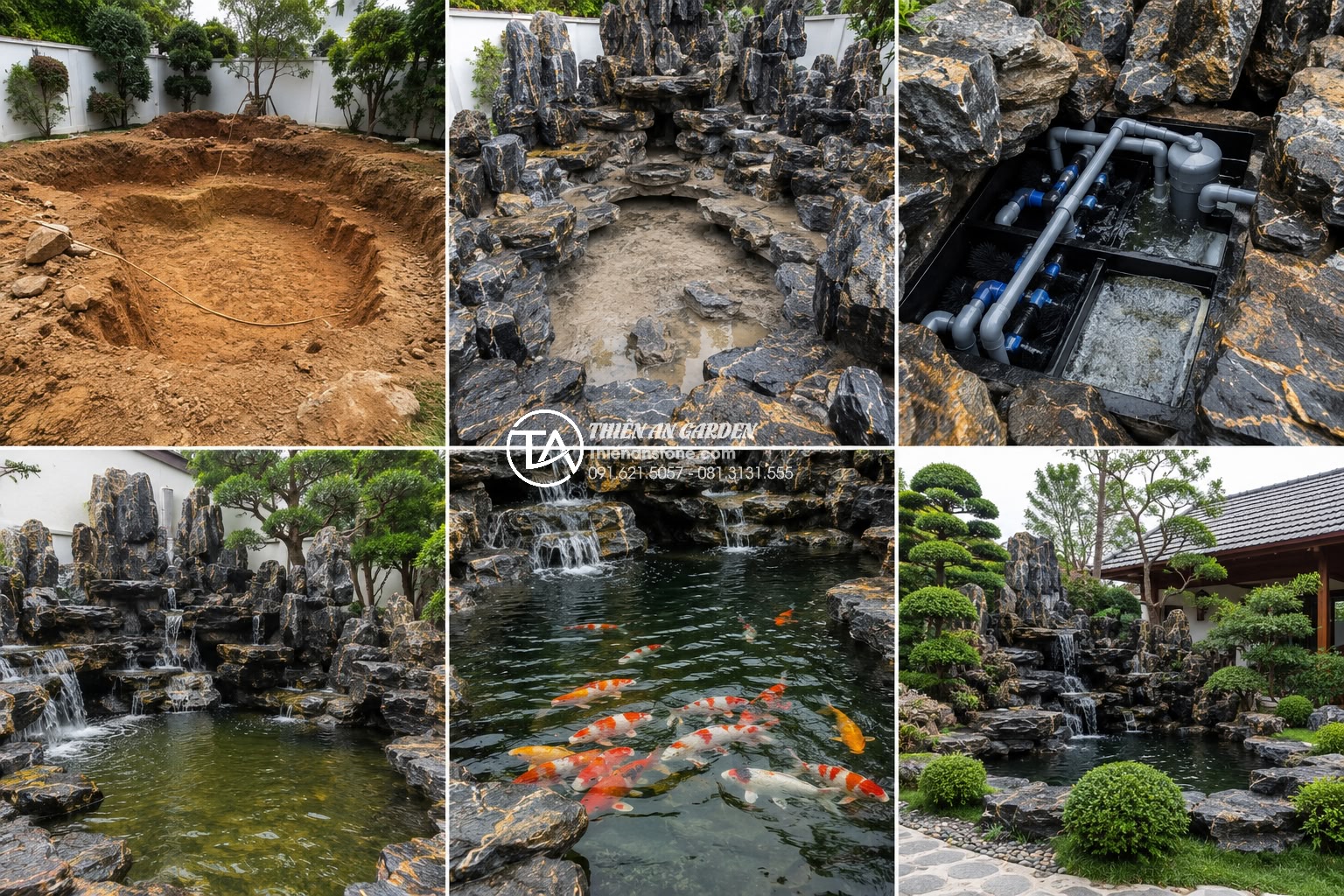 Thiết kế tiểu cảnh bể cá sân vườn theo mệnh: Kim, Mộc, Thủy, Hỏa, Thổ - Step-by-step construction process of luxury feng shui garden fish pond showing e