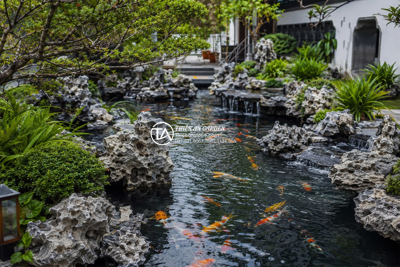 Thiết kế tiểu cảnh bể cá sân vườn theo mệnh: Kim, Mộc, Thủy, Hỏa, Thổ - Detailed technical illustration of feng shui fish pond layout showing correct or