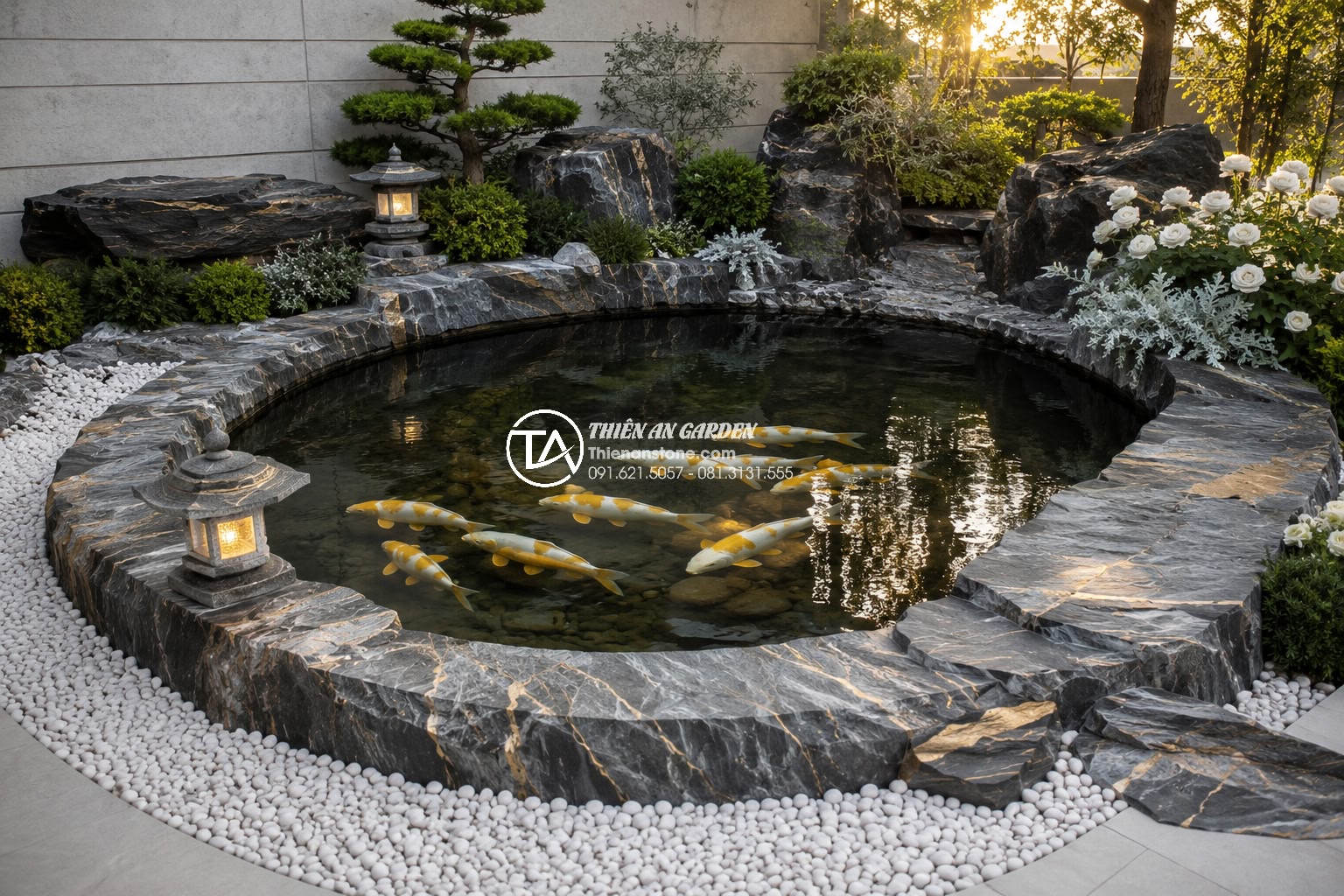 Thiết kế tiểu cảnh bể cá sân vườn theo mệnh: Kim, Mộc, Thủy, Hỏa, Thổ - Elegant round koi pond designed specifically for Metal element destiny, pure whi