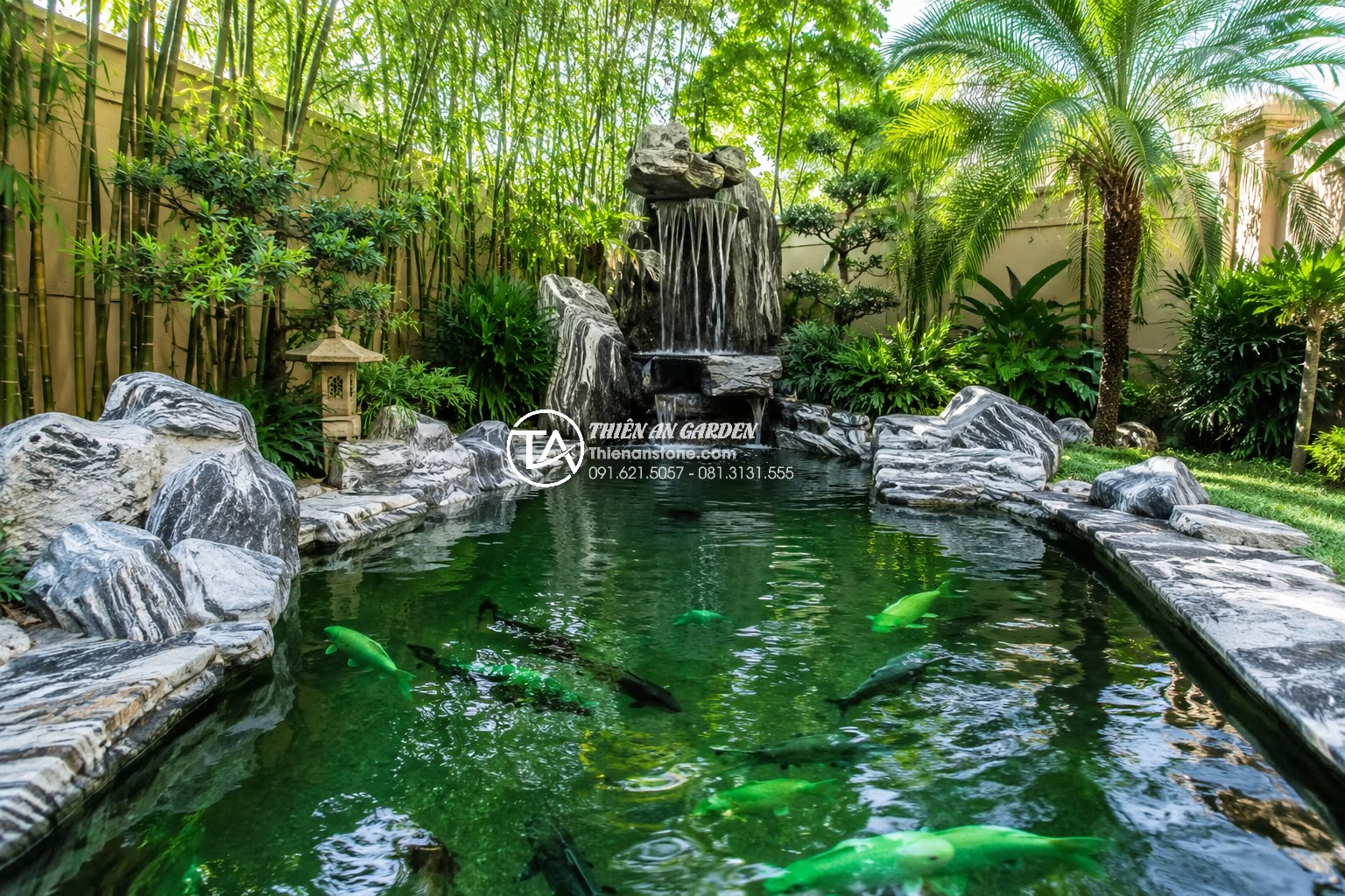 Thiết kế tiểu cảnh bể cá sân vườn theo mệnh: Kim, Mộc, Thủy, Hỏa, Thổ - Lush rectangular garden koi pond designed for Wood element feng shui, vibrant gr