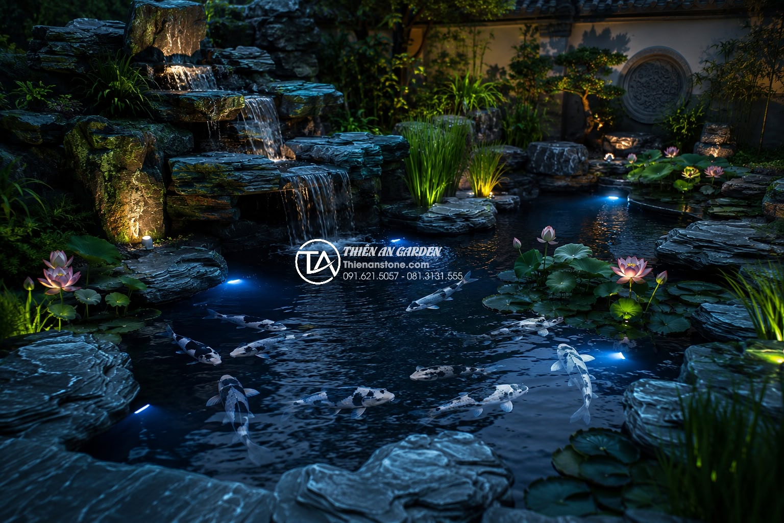 Thiết kế tiểu cảnh bể cá sân vườn theo mệnh: Kim, Mộc, Thủy, Hỏa, Thổ - Mysterious and elegant black stone koi pond designed for Water element destiny, 