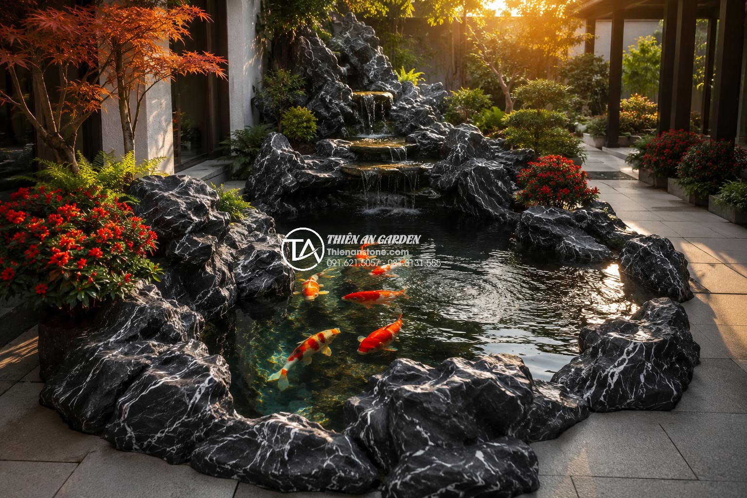Thiết kế tiểu cảnh bể cá sân vườn theo mệnh: Kim, Mộc, Thủy, Hỏa, Thổ - Vibrant yet balanced triangular accent koi pond designed for Fire element feng s