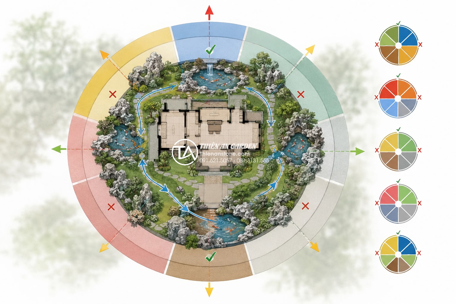 Thiết kế tiểu cảnh bể cá sân vườn theo mệnh: Kim, Mộc, Thủy, Hỏa, Thổ - Architectural site plan showing correct feng shui compass directions for fish po