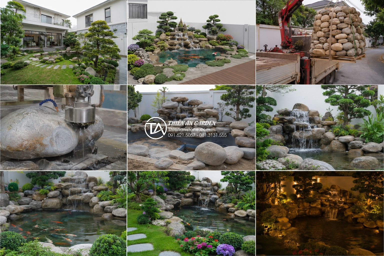 Tiểu cảnh non bộ sân vườn: Nghệ thuật sắp đặt và ý nghĩa phong thủy toàn tập - Step-by-step professional high-resolution collage showing the complete construct