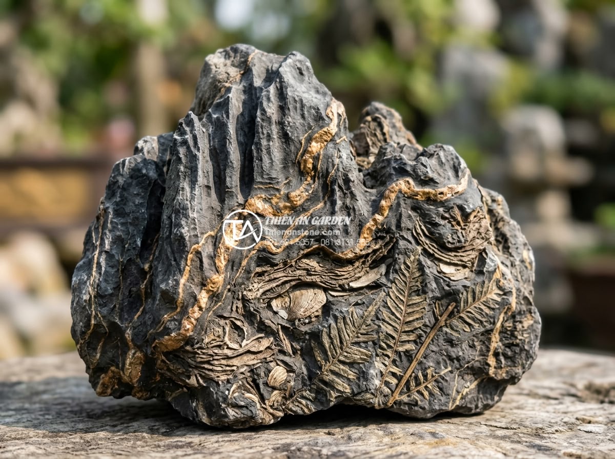 Tìm hiểu về đá trầm tích hữu cơ và những hóa thạch độc đáo - Close-up view of organic sedimentary rock specimen displaying layered organic ma