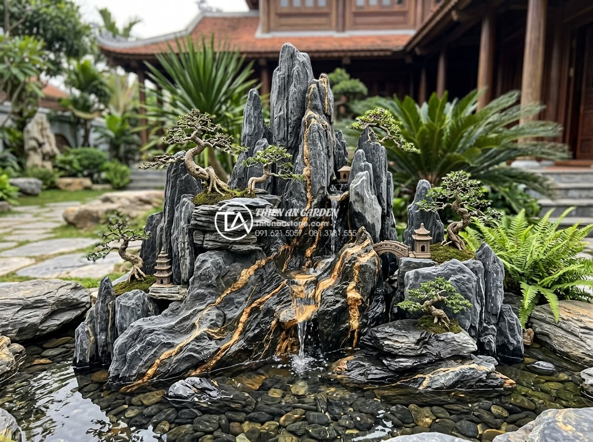 Top 10 mẫu hòn non bộ đá trầm tích đẹp nhất cho biệt thự - Elegant sedimentary rock bonsai mountain landscape in a luxury villa garden with