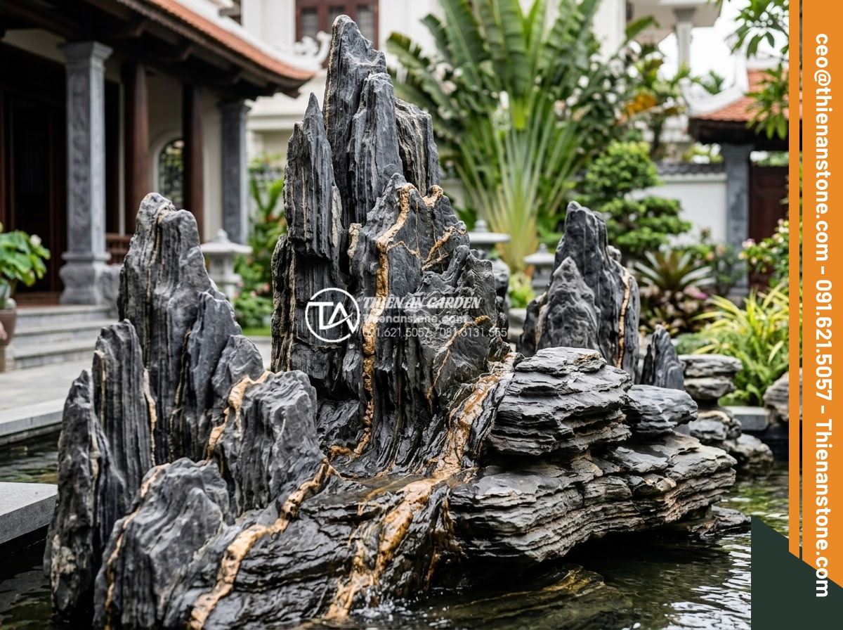 Top 10 mẫu hòn non bộ đá trầm tích đẹp nhất cho biệt thự - Modern Vietnamese style rockery using layered sedimentary stones in luxury resid