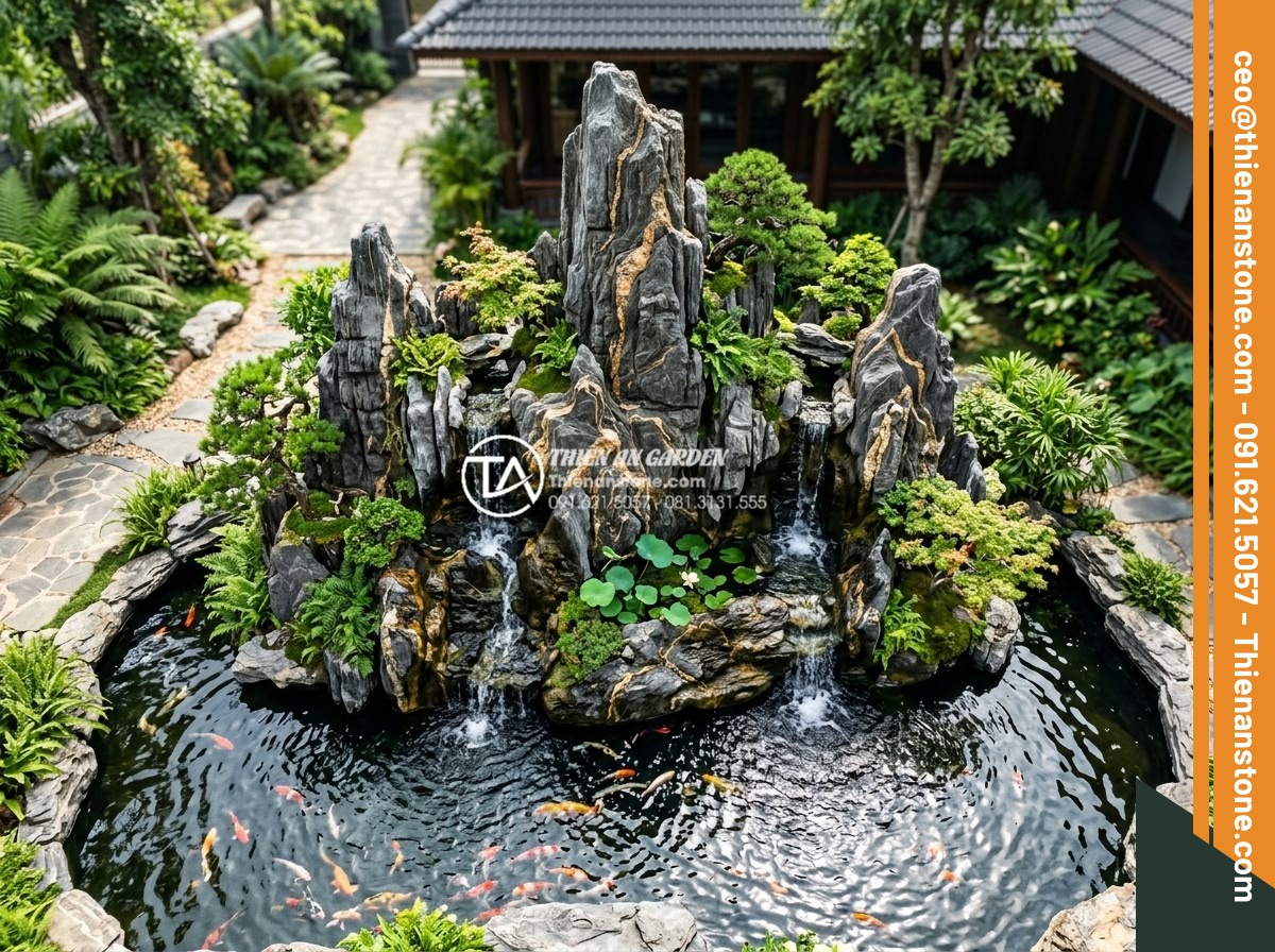 Top 10 mẫu hòn non bộ đá trầm tích đẹp nhất cho biệt thự - Top view of double waterfall sedimentary rock bonsai mountain in premium villa l