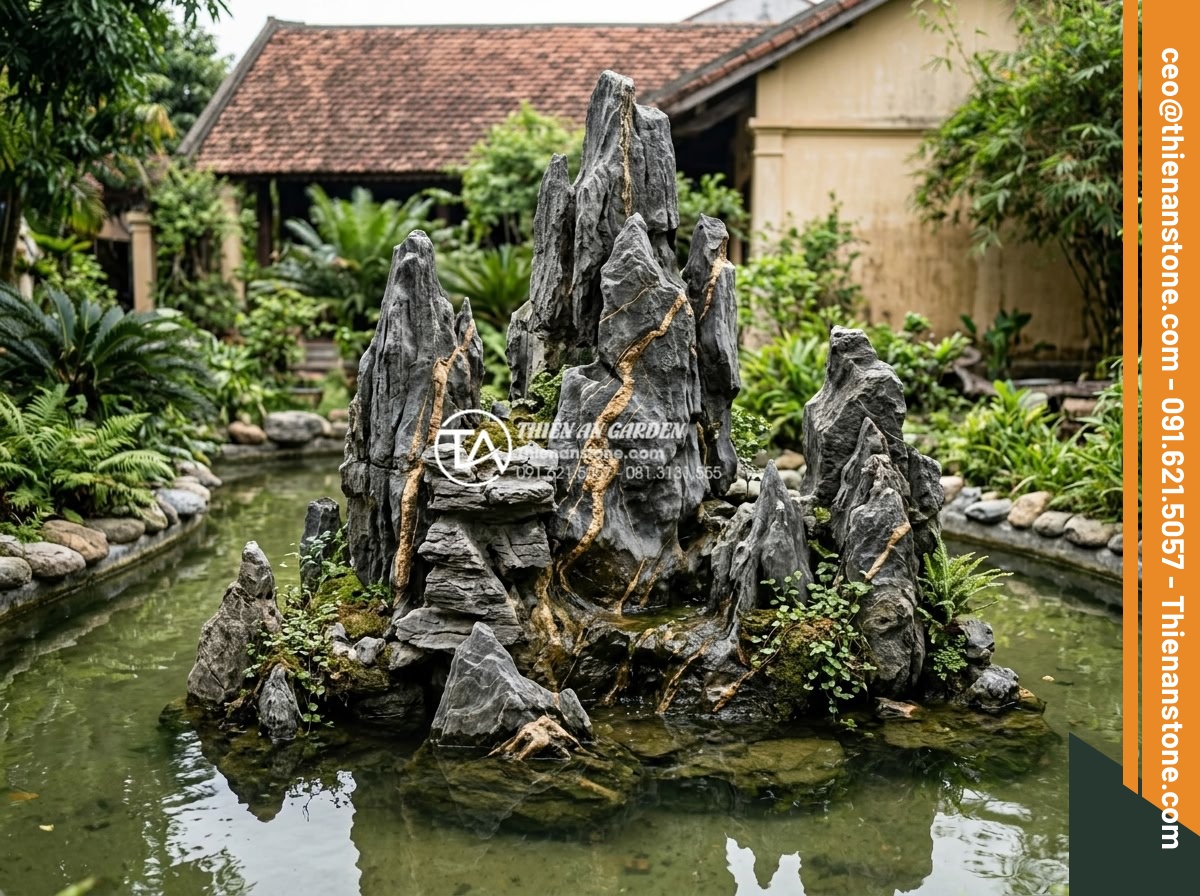 Top 10 mẫu hòn non bộ đá trầm tích đẹp nhất cho biệt thự - Long stream sedimentary rock non-bo landscape for spacious villa backyard