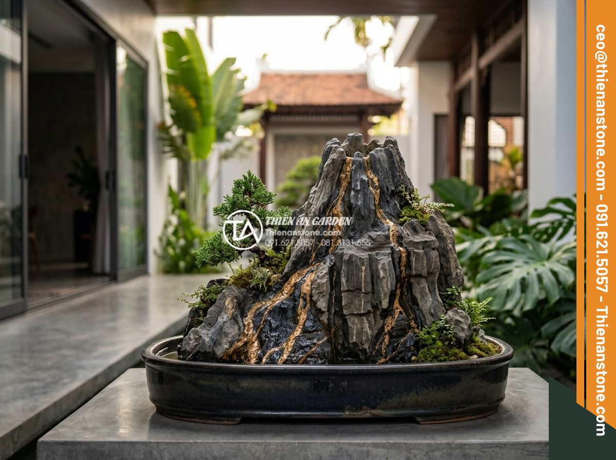 Top 10 mẫu hòn non bộ đá trầm tích đẹp nhất cho biệt thự - Volcano-shaped sedimentary rock bonsai for contemporary villa 2026 trend