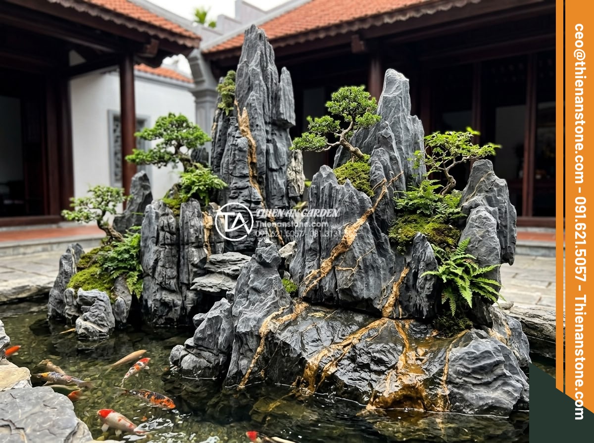 Top 10 mẫu hòn non bộ đá trầm tích đẹp nhất cho biệt thự - Dramatic volcanic sedimentary stone non-bo for upscale villa feature