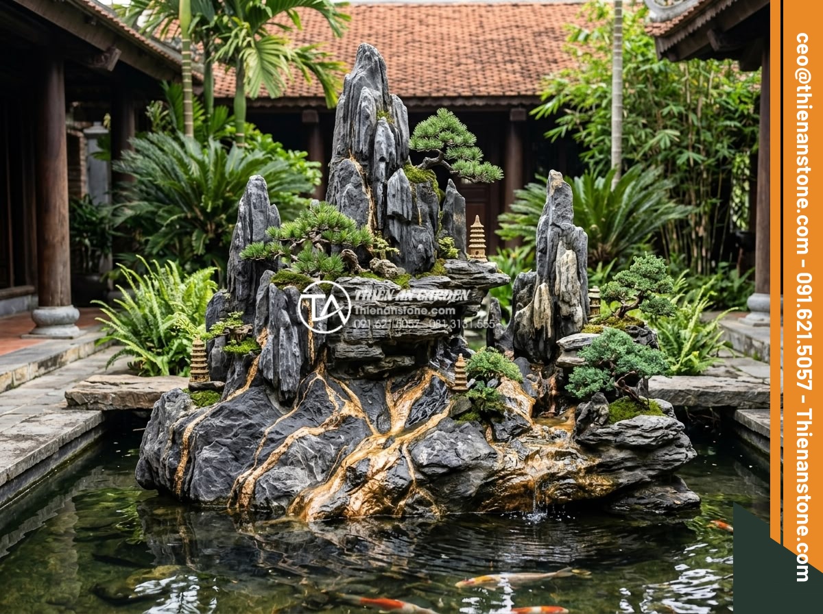 Top 10 mẫu hòn non bộ đá trầm tích đẹp nhất cho biệt thự - Multi-tiered modern sedimentary rock non-bo in villa setting