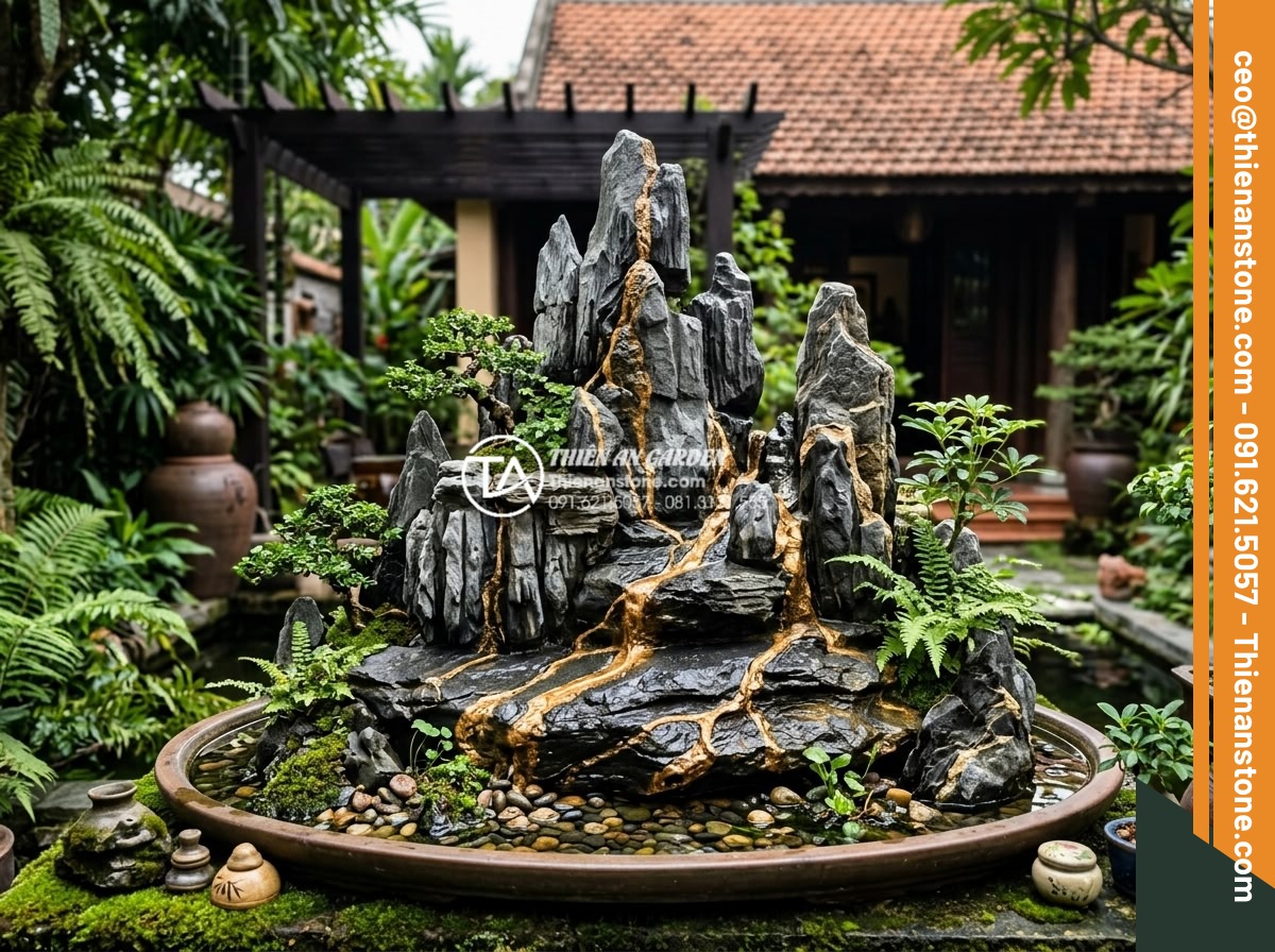 Top 10 mẫu hòn non bộ đá trầm tích đẹp nhất cho biệt thự - Elegant tiered sedimentary stone mountain for small villa garden