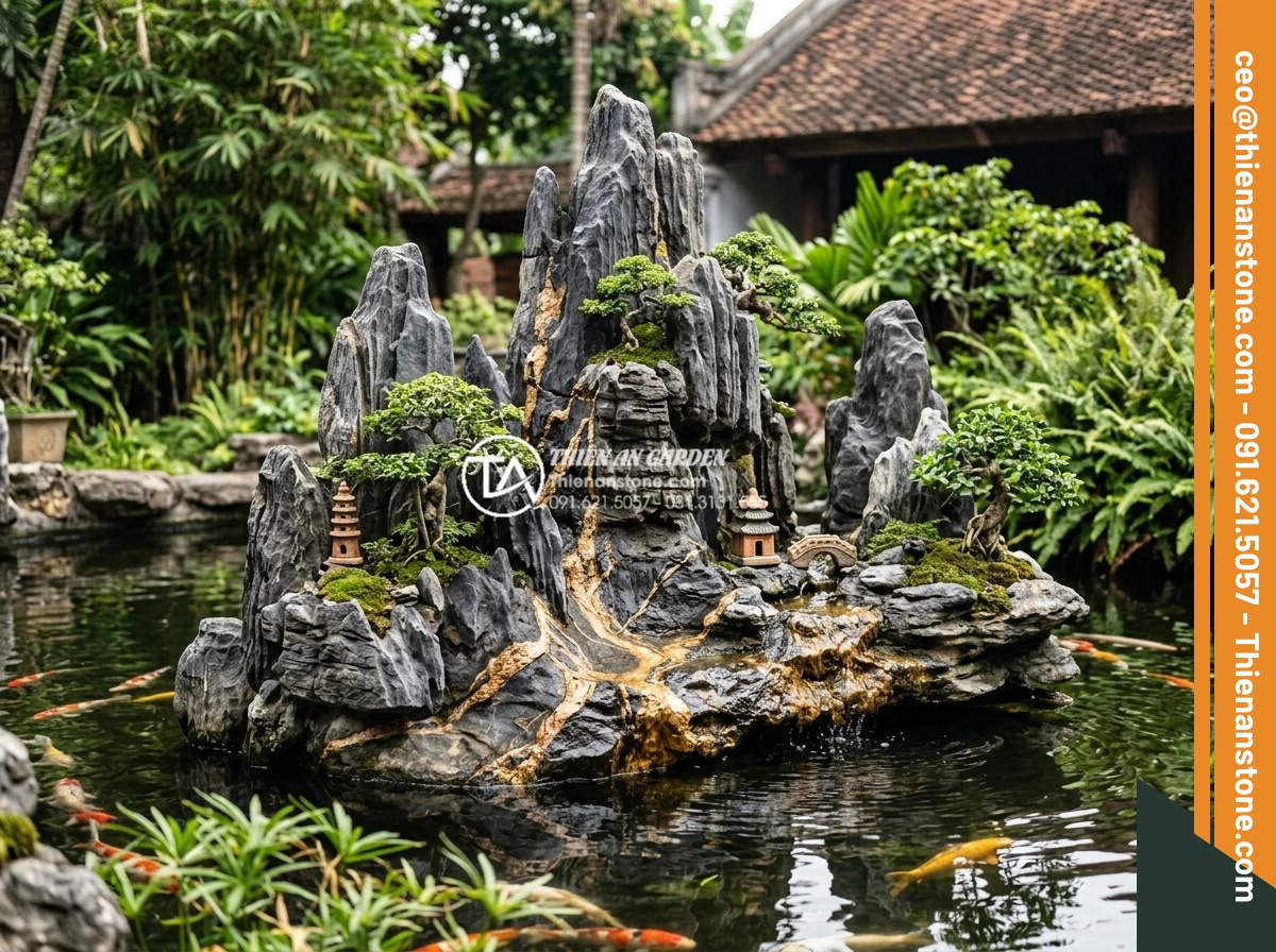 Top 10 mẫu hòn non bộ đá trầm tích đẹp nhất cho biệt thự - Island-style sedimentary rock non-bo with pond integration