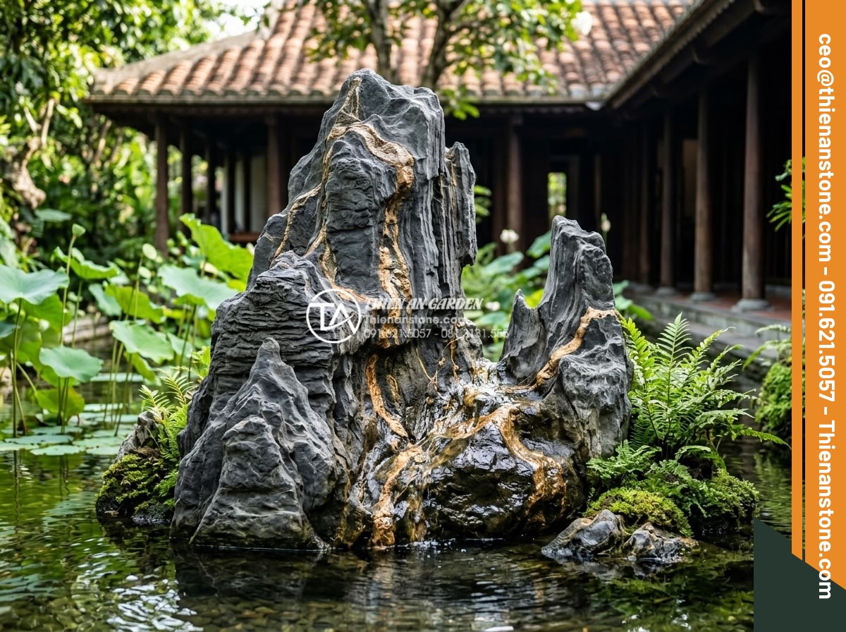 Top 10 mẫu hòn non bộ đá trầm tích đẹp nhất cho biệt thự - Mini island sedimentary stone feature in villa water garden