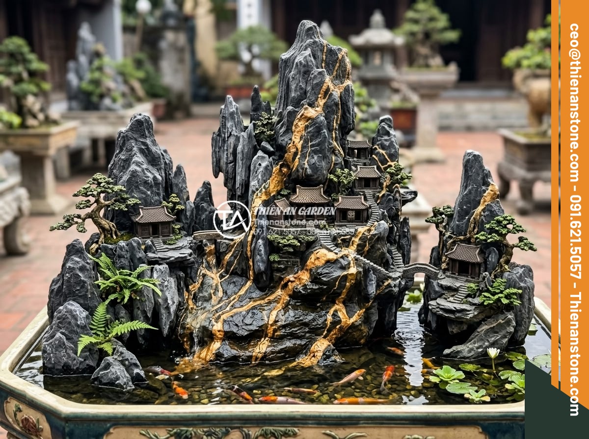 Top 10 mẫu hòn non bộ đá trầm tích đẹp nhất cho biệt thự - Vibrant colorful layered sedimentary stones forming villa non-bo art