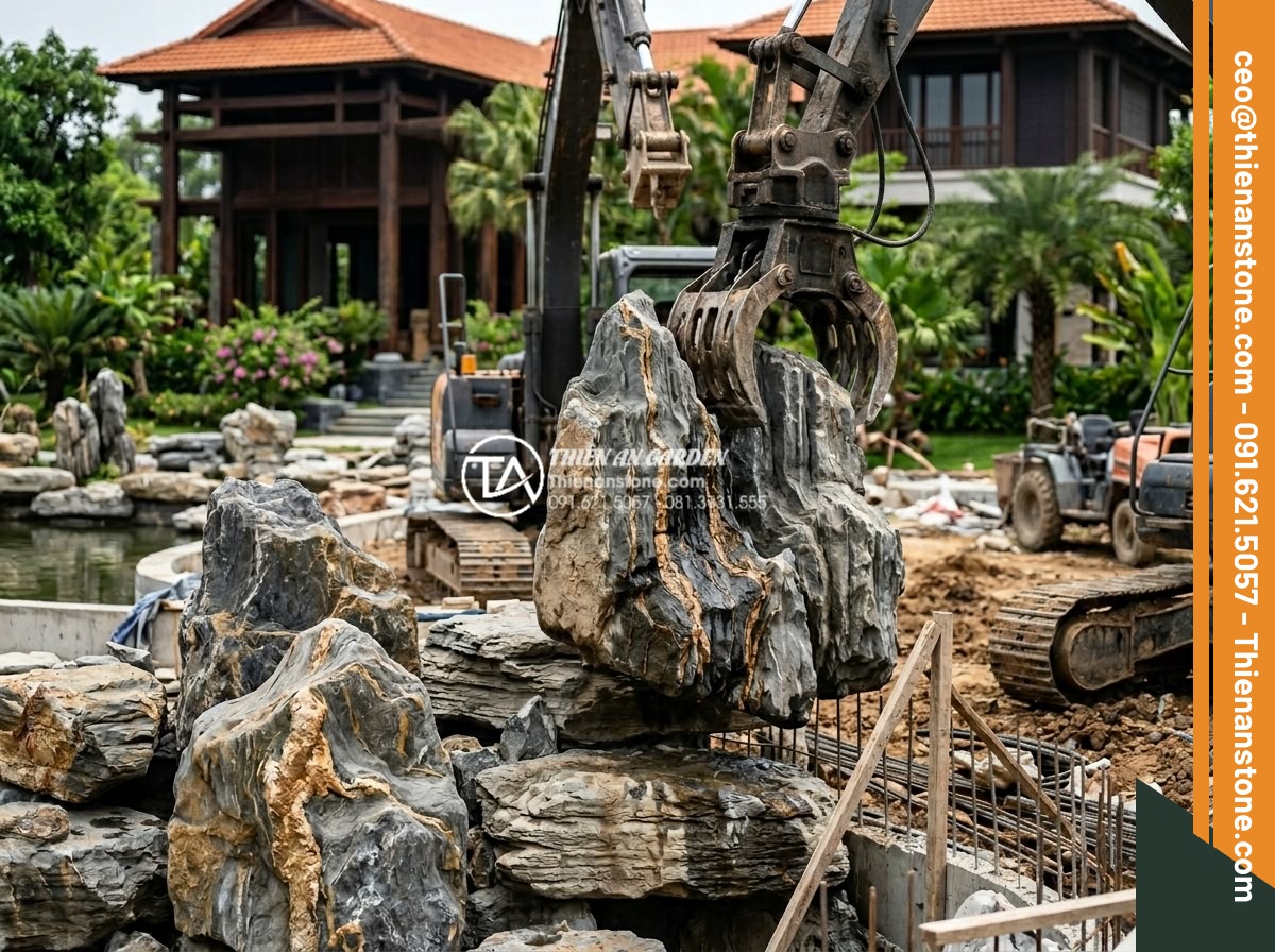 Top 10 mẫu hòn non bộ đá trầm tích đẹp nhất cho biệt thự - Expert team installing large sedimentary stone rockery at luxury villa site