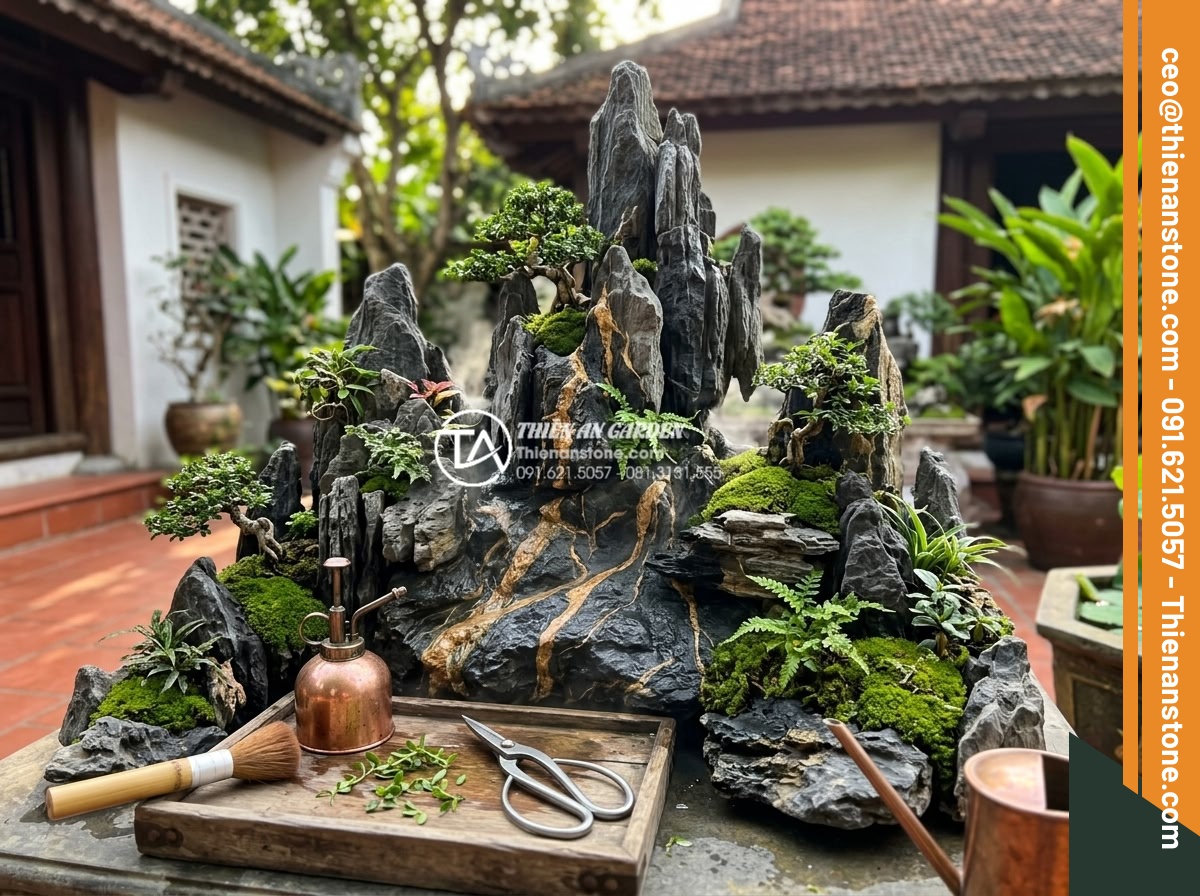 Top 10 mẫu hòn non bộ đá trầm tích đẹp nhất cho biệt thự - Maintenance tips illustration for sedimentary rock bonsai in villa garden