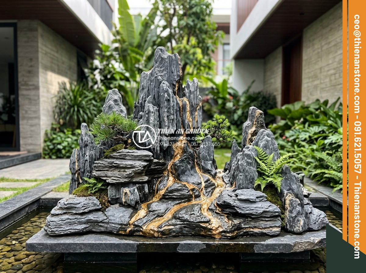Top 10 mẫu hòn non bộ đá trầm tích đẹp nhất cho biệt thự - Layered sedimentary rock formation sculpted into a beautiful miniature landscape