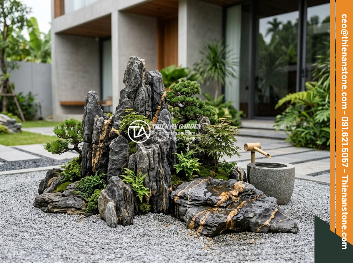 Top 10 mẫu hòn non bộ đá trầm tích đẹp nhất cho biệt thự - Japanese-inspired sedimentary rock non-bo in contemporary villa garden with zen 