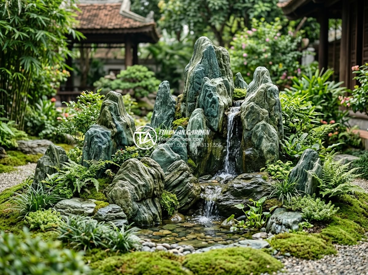 Top 10 mẫu hòn non bộ đá xanh Nhật Bản đẹp nhất cho biệt thự, nhà phố - A majestic miniature mountain landscape crafted from vibrant Japanese green ston