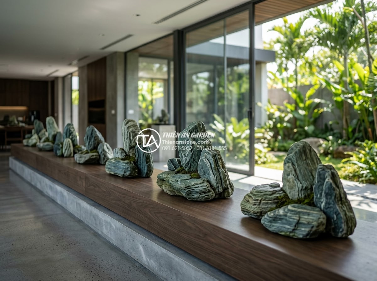Top 10 mẫu hòn non bộ đá xanh Nhật Bản đẹp nhất cho biệt thự, nhà phố - Panoramic view of all top 10 Japanese green stone non-bo models displayed in a p