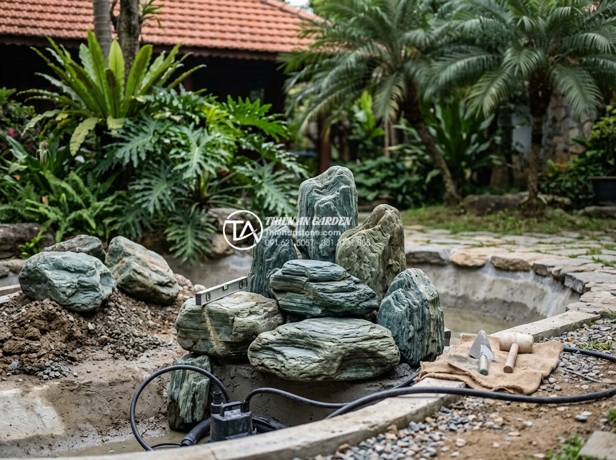 Top 10 mẫu hòn non bộ đá xanh Nhật Bản đẹp nhất cho biệt thự, nhà phố - Step-by-step professional construction process of Japanese green stone non-bo sh