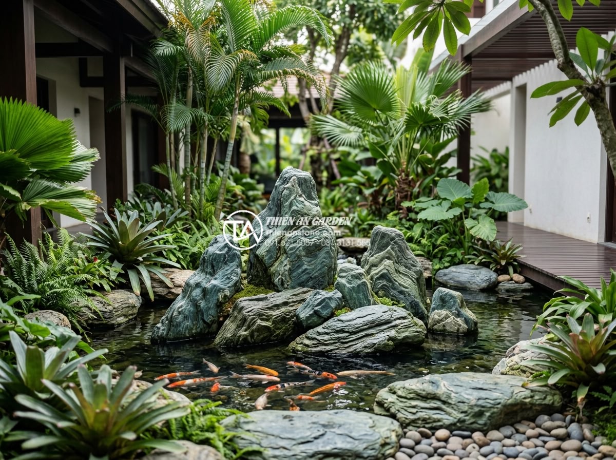 Top 10 mẫu hòn non bộ đá xanh Nhật Bản đẹp nhất cho biệt thự, nhà phố - Harmonious integration of Japanese green stone non-bo with koi fish pond surroun