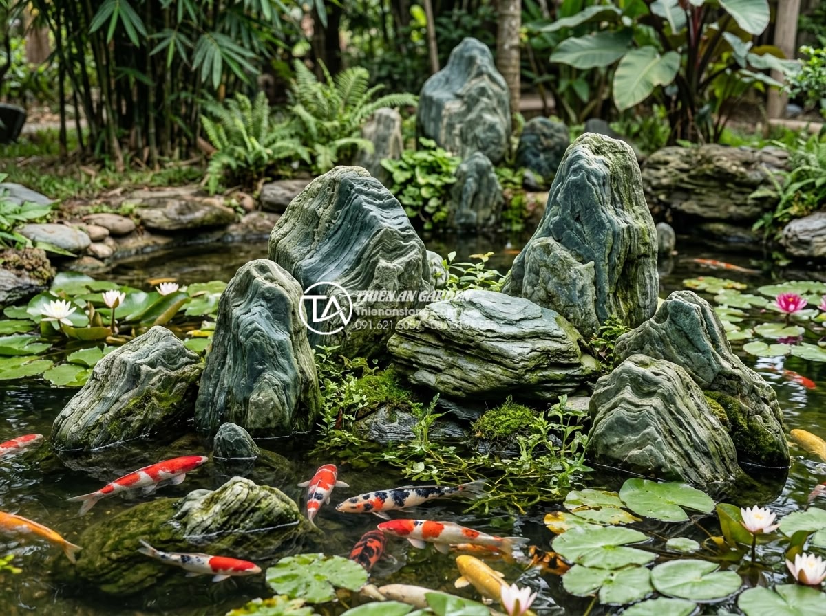 Top 10 mẫu hòn non bộ đá xanh Nhật Bản đẹp nhất cho biệt thự, nhà phố - Detailed view of non-bo and koi pond combination featuring Japanese green stones