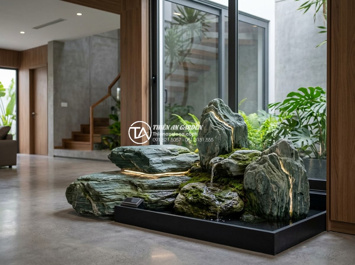 Top 10 mẫu hòn non bộ đá xanh Nhật Bản đẹp nhất cho biệt thự, nhà phố - Futuristic 2026 trend concept of smart Japanese green stone non-bo with integrat