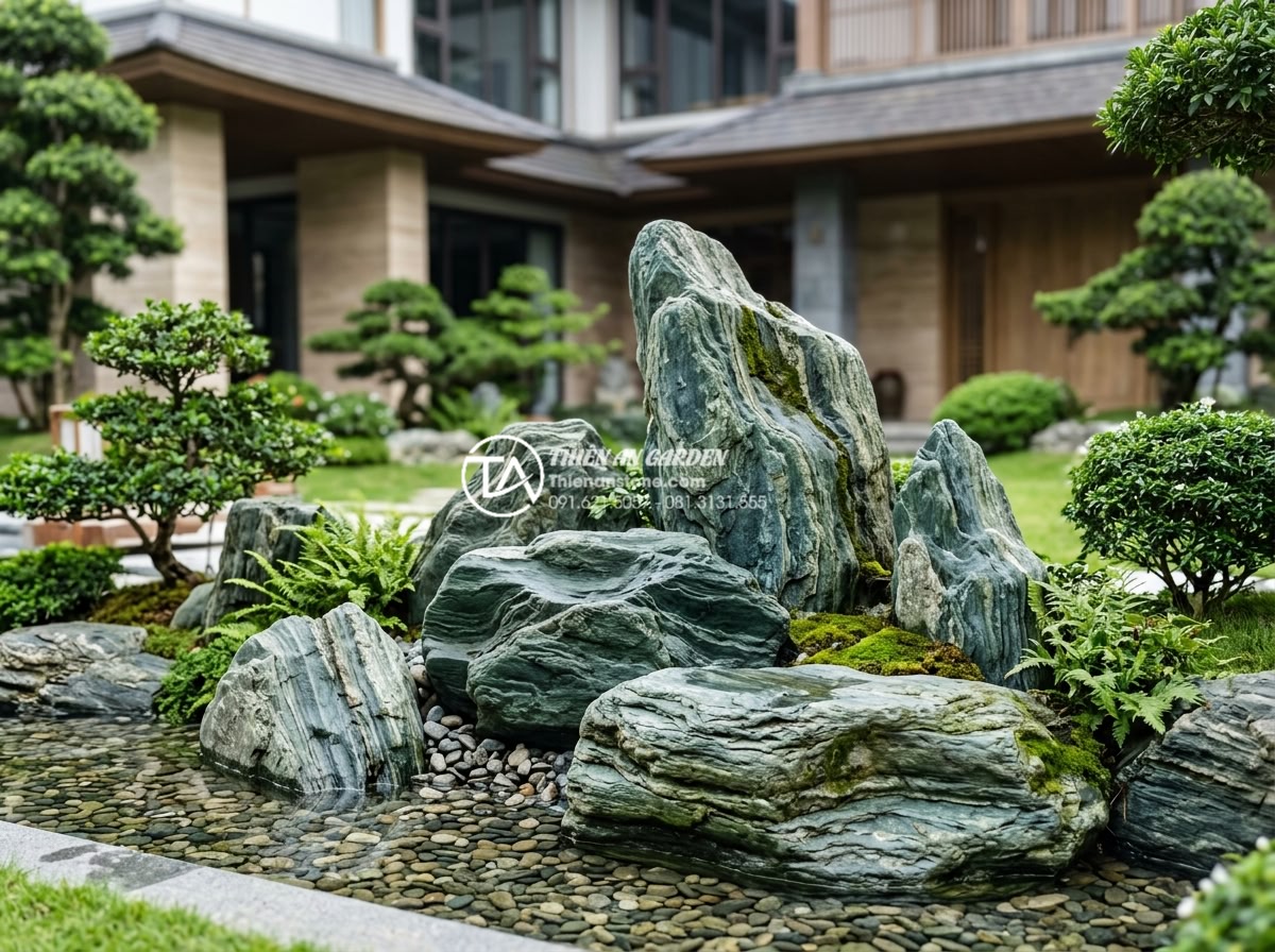 Top 10 mẫu hòn non bộ đá xanh Nhật Bản đẹp nhất cho biệt thự, nhà phố - Professional team from Da Canh Thien An Stone Company installing high-end Japane