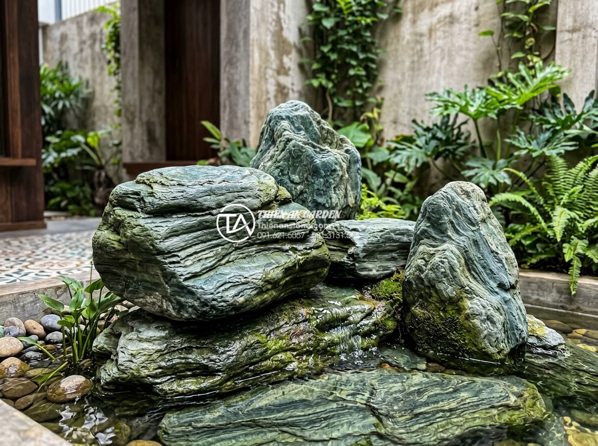 Top 10 mẫu hòn non bộ đá xanh Nhật Bản đẹp nhất cho biệt thự, nhà phố - Close-up view of layered Japanese green stones forming a serene non-bo rock form