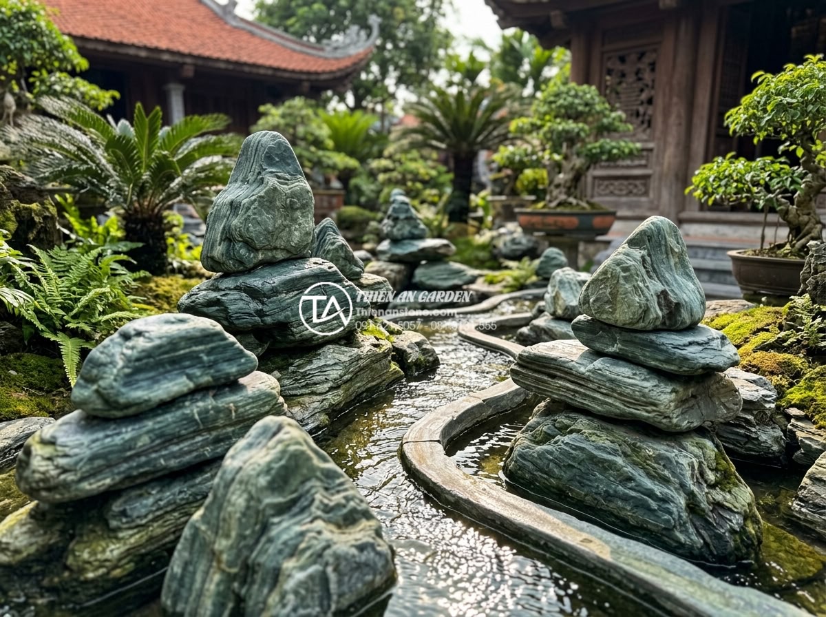 Top 10 mẫu hòn non bộ đá xanh Nhật Bản đẹp nhất cho biệt thự, nhà phố - Artistic arrangement of Japanese green stones stacked into elegant non-bo peaks 