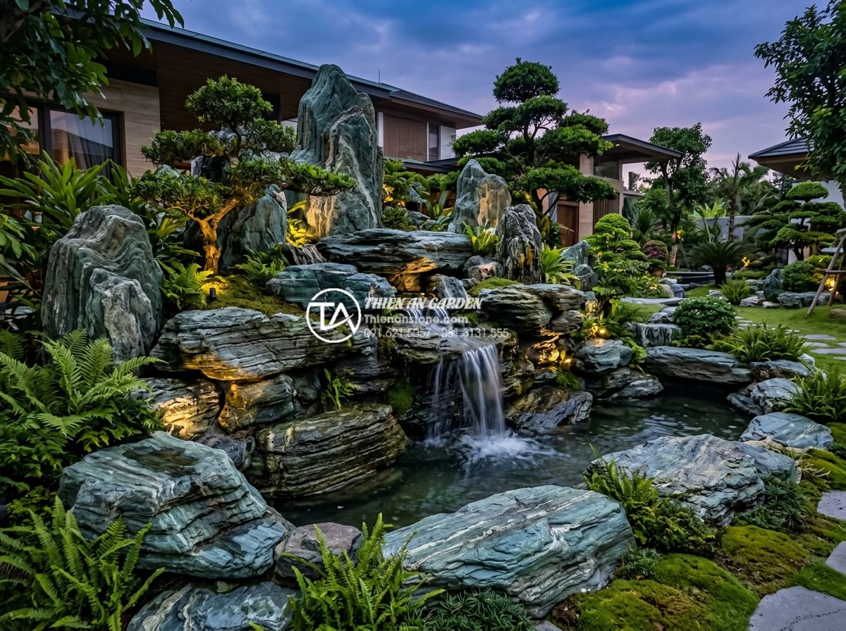 Top 10 mẫu hòn non bộ đá xanh Nhật Bản đẹp nhất cho biệt thự, nhà phố - Wide angle photograph of a complete Japanese green stone non-bo installation in 