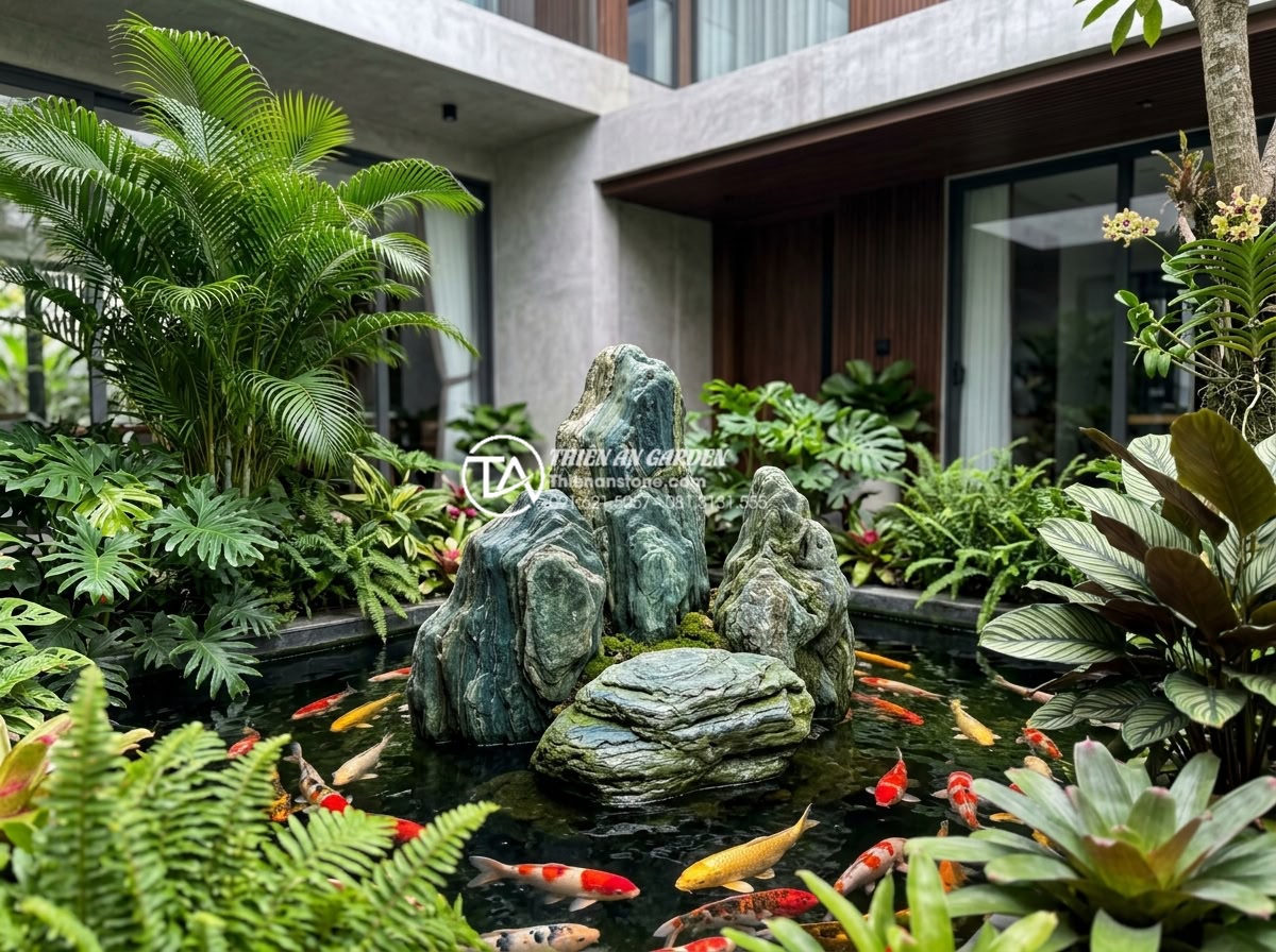 Top 10 mẫu hòn non bộ đá xanh Nhật Bản đẹp nhất cho biệt thự, nhà phố - Elegant Japanese green stone non-bo centerpiece surrounded by colorful koi fish 