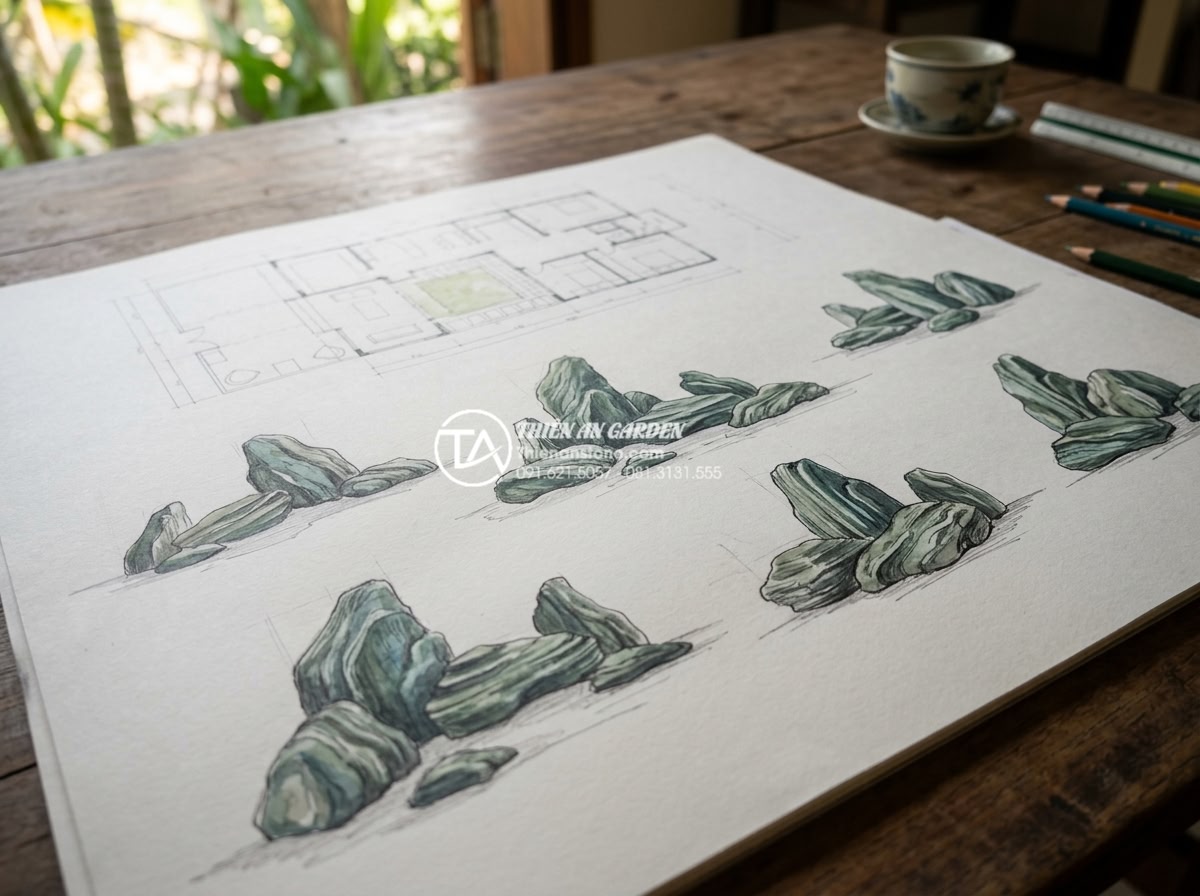 Top 10 mẫu hòn non bộ đá xanh Nhật Bản đẹp nhất cho biệt thự, nhà phố - Professional landscape designer sketching various Japanese green stone non-bo la