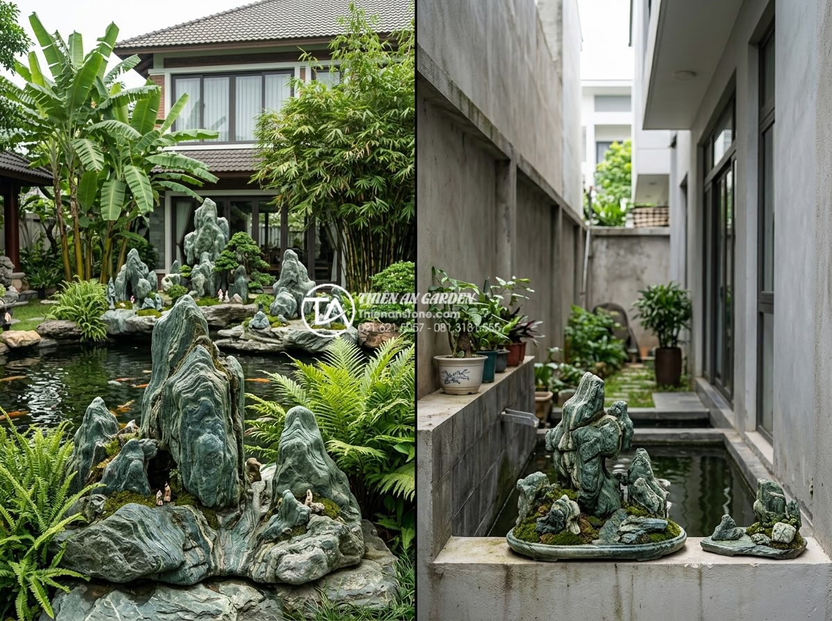 Top 10 mẫu hòn non bộ đá xanh Nhật Bản đẹp nhất cho biệt thự, nhà phố - Comparison chart style image showing different sizes of Japanese green stone non