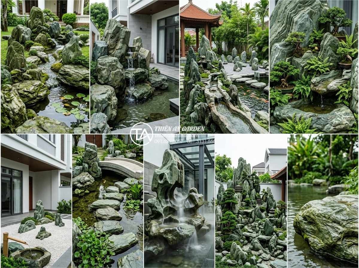 Top 10 mẫu hòn non bộ đá xanh Nhật Bản đẹp nhất cho biệt thự, nhà phố - Collage of the top 10 most beautiful Japanese green stone non-bo designs arrange