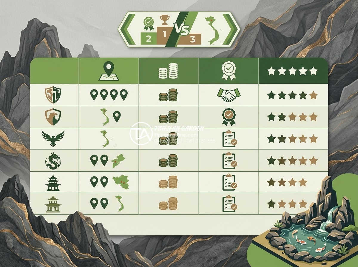 Top 5 địa chỉ bán đá trầm tích uy tín nhất tại Hà Nội và TP.HCM - Clean professional infographic-style image showing a comparison chart of top sto