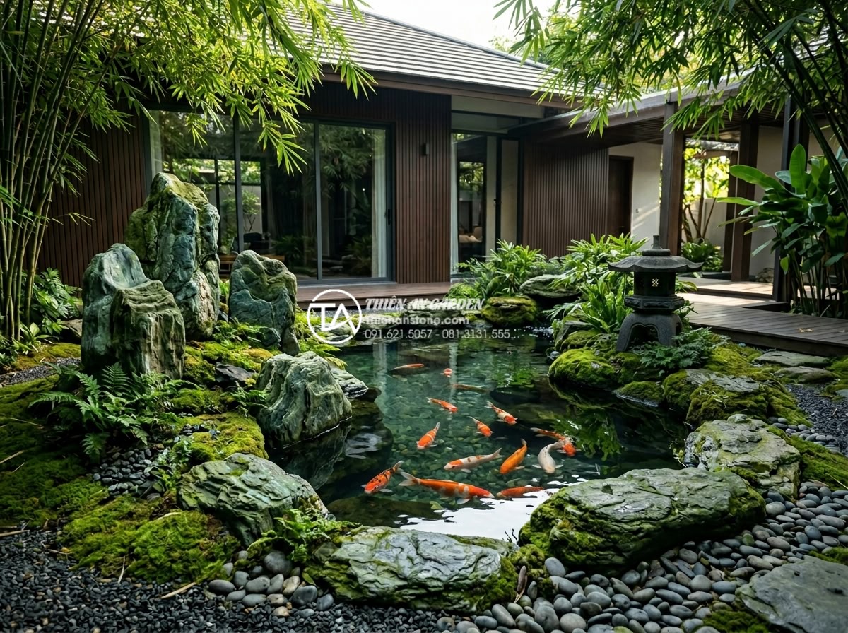 Top 5 đơn vị cung cấp đá xanh Nhật Bản uy tín nhất tại Việt Nam 2026 - Professional high-resolution photograph of a serene Japanese Zen garden in a mod