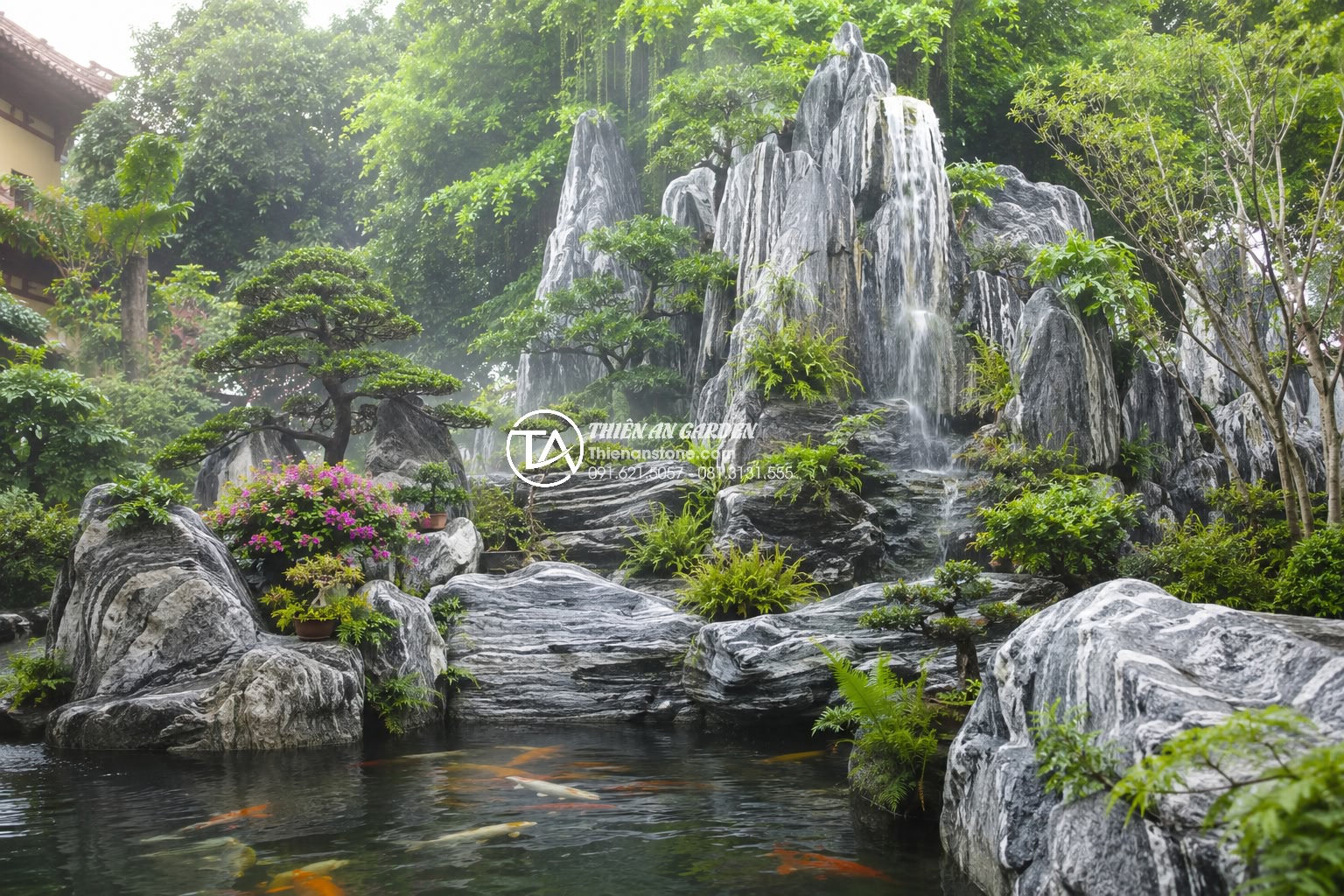 Top 50+ mẫu tiểu cảnh non bộ sân vườn đẹp nhất dẫn đầu xu hướng 2026 - Detailed realistic photograph of a traditional Vietnamese non-bo garden landscap