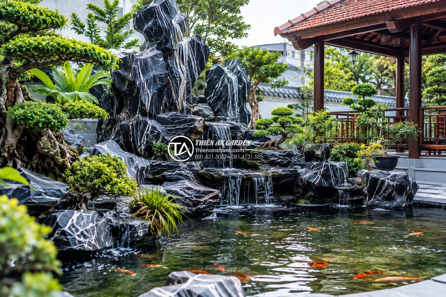 Top 50+ mẫu tiểu cảnh non bộ sân vườn đẹp nhất dẫn đầu xu hướng 2026 - Photorealistic wide angle view of a traditional Vietnamese non-bo garden with la