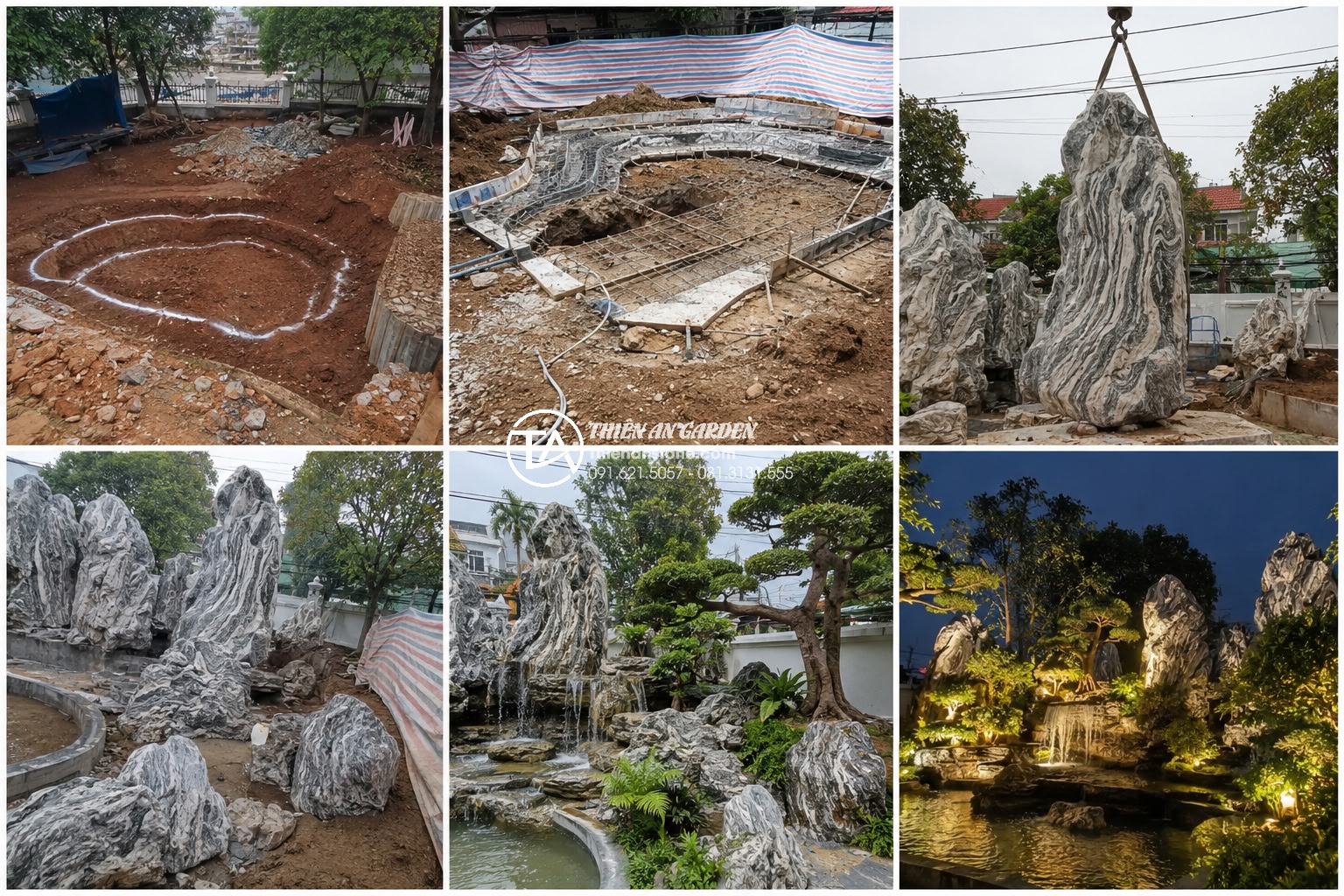 Top 50+ mẫu tiểu cảnh non bộ sân vườn đẹp nhất dẫn đầu xu hướng 2026 - Professional step by step construction process of a luxury non-bo garden showing
