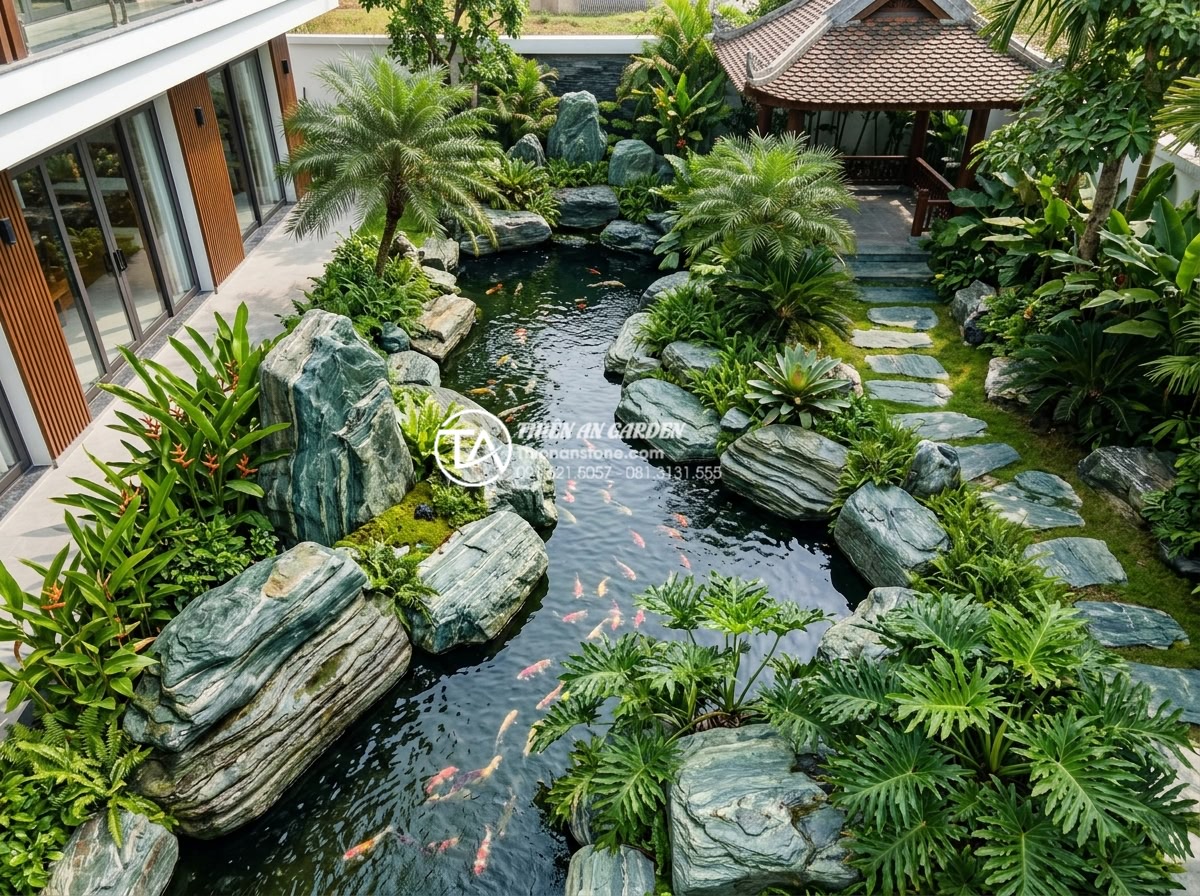 Tương lai của thị trường đá cảnh: Tại sao đá xanh Nhật Bản luôn giữ giá? - High-resolution aerial view of a luxurious Vietnamese villa garden featuring lar
