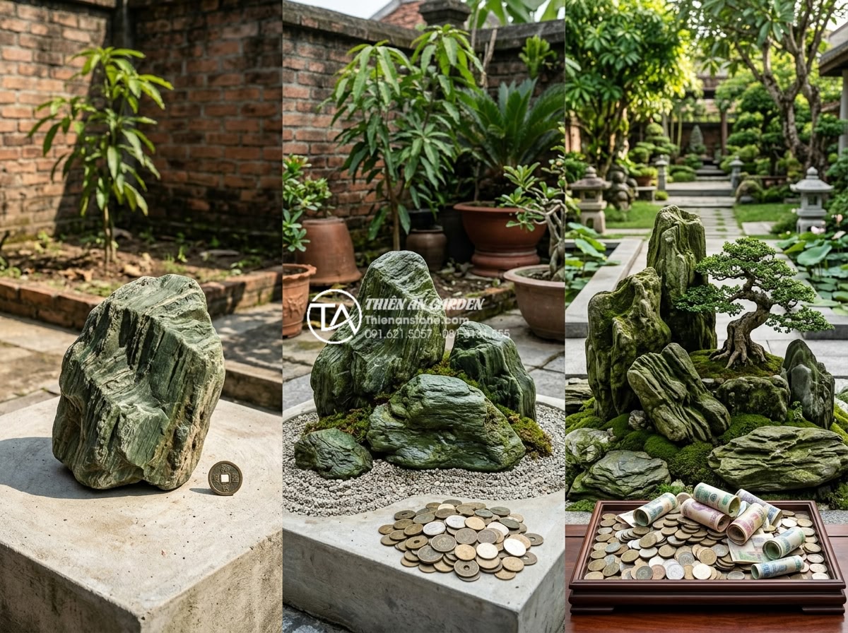 Tương lai của thị trường đá cảnh: Tại sao đá xanh Nhật Bản luôn giữ giá? - Investment return comparison infographic: Japanese green stone vs marble vs arti