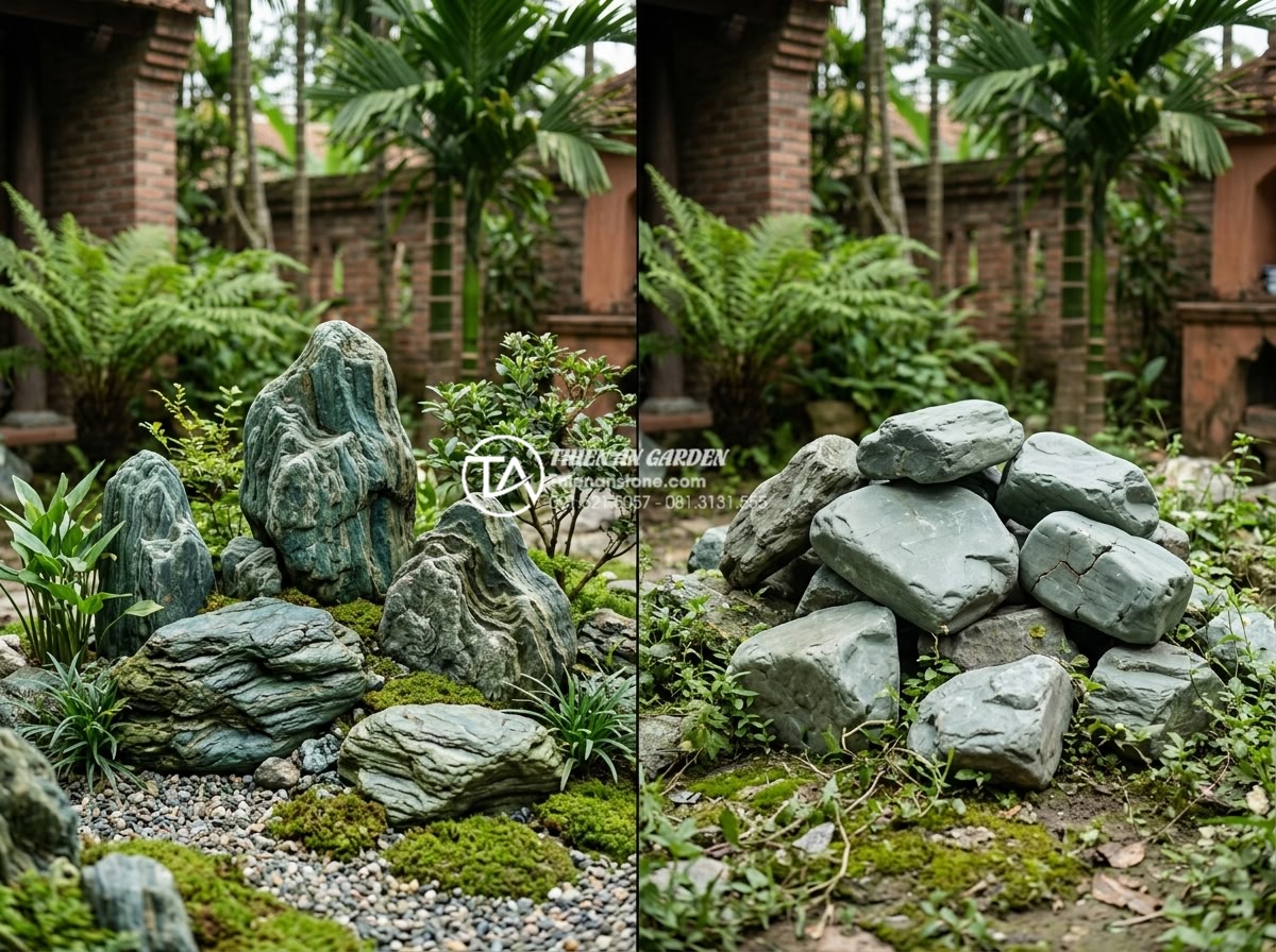 Tương lai của thị trường đá cảnh: Tại sao đá xanh Nhật Bản luôn giữ giá? - Before and after comparison of properly selected vs poor quality Japanese green 