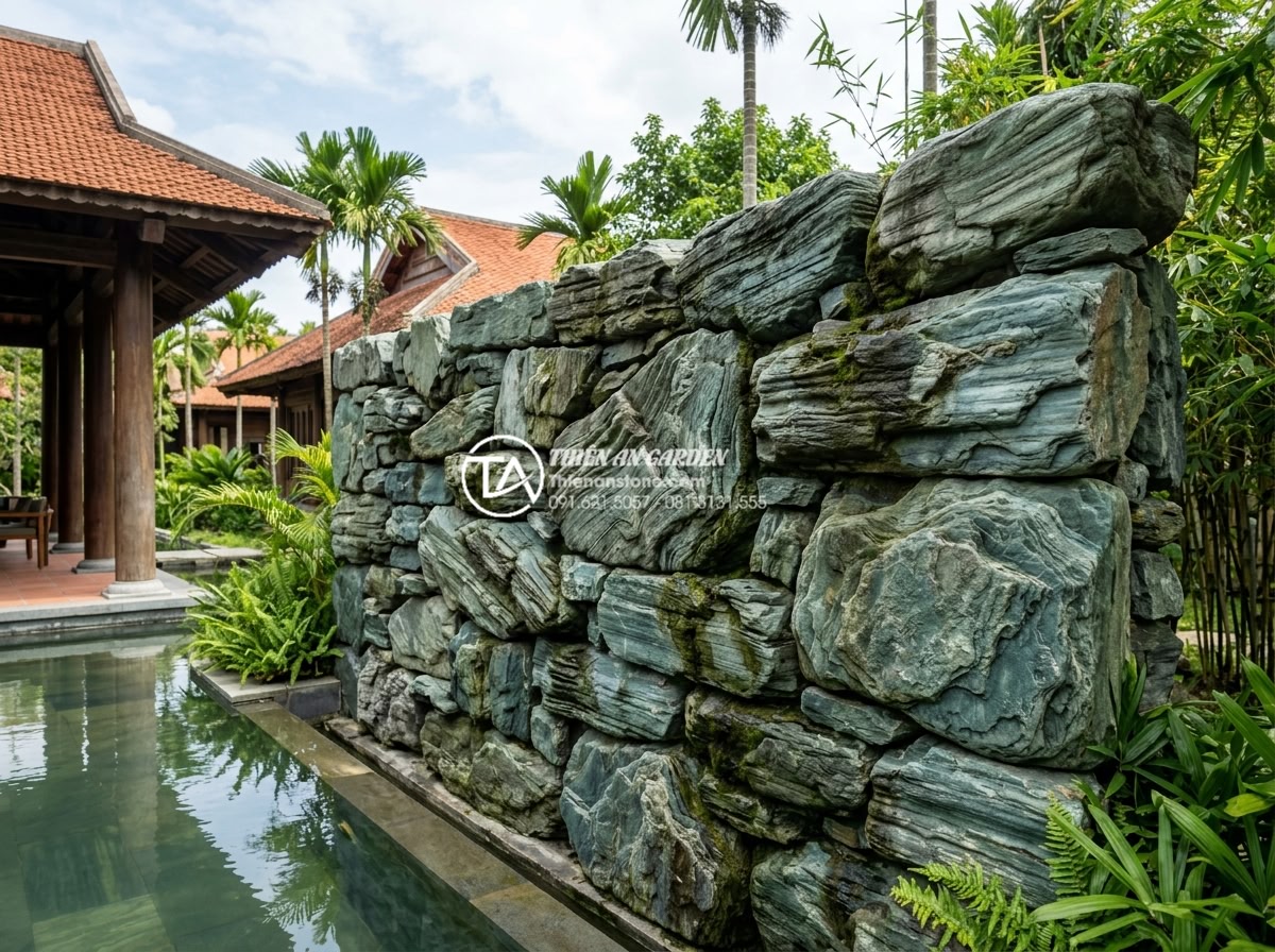 Tương lai của thị trường đá cảnh: Tại sao đá xanh Nhật Bản luôn giữ giá? - Wide angle view of luxury resort non-bo feature wall constructed entirely from n