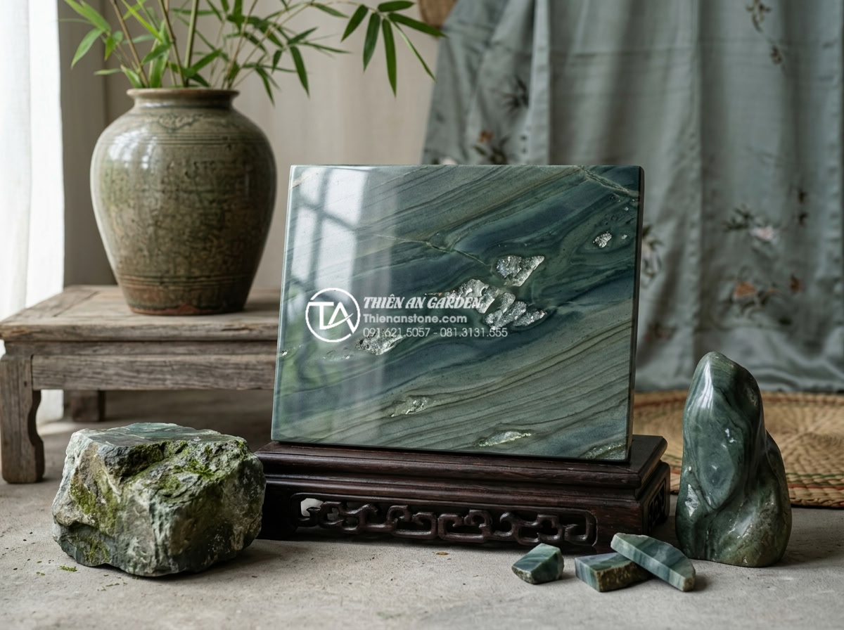 Tương lai của thị trường đá cảnh: Tại sao đá xanh Nhật Bản luôn giữ giá? - Professional studio shot of polished Japanese green stone slab with natural crys