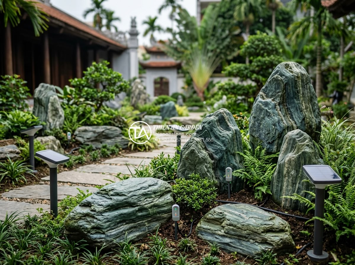 Tương lai của thị trường đá cảnh: Tại sao đá xanh Nhật Bản luôn giữ giá? - Futuristic concept art of 2027 sustainable garden featuring Japanese green stone