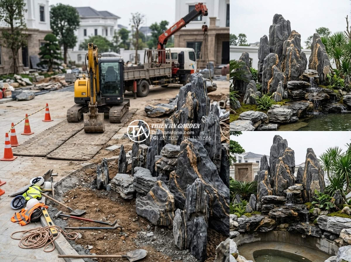 Ứng dụng đá trầm tích trong kiến trúc và trang trí sân vườn hiện đại - Hình 12 Ứng dụng đá trầm tích trong kiến trúc và trang trí sân vườn hiện đại - Professional installation of sedimentary rock features in a large-scale villa ga
